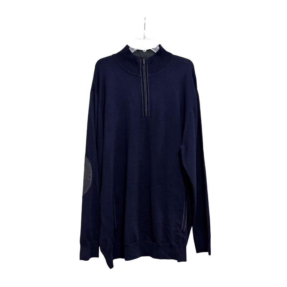 Claiborne Mens 2XLT Merino Wool Blend Quarter Zip Sweater Navy Elbow Patch NWT